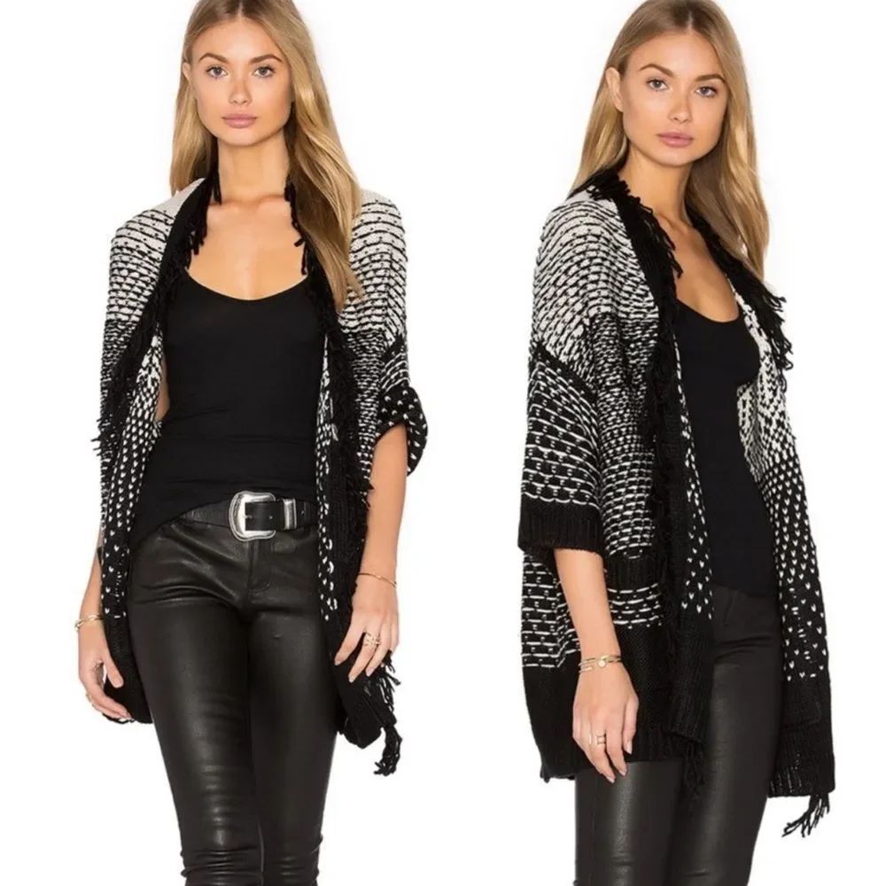 BOEMO REVOLVE Vendome Black & White Fringe Boho Open Draped Cardigan